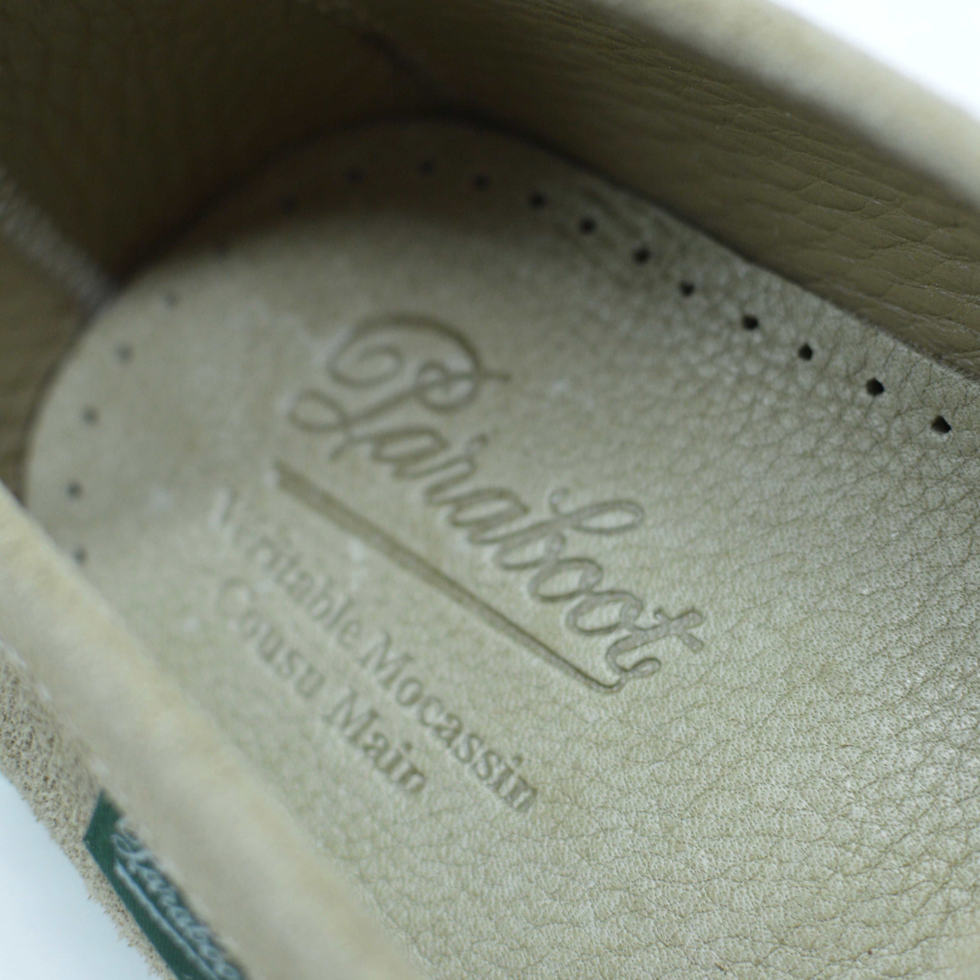 Close-up of a shoe sole with 'Paraboot' branding on a light background