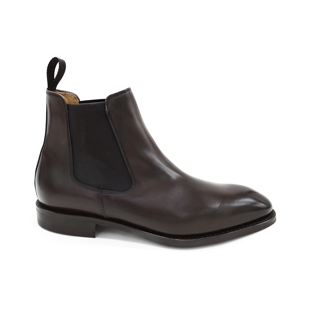 A dark brown leather Chelsea boot with a side pull tab and a low heel, displayed on a white background.