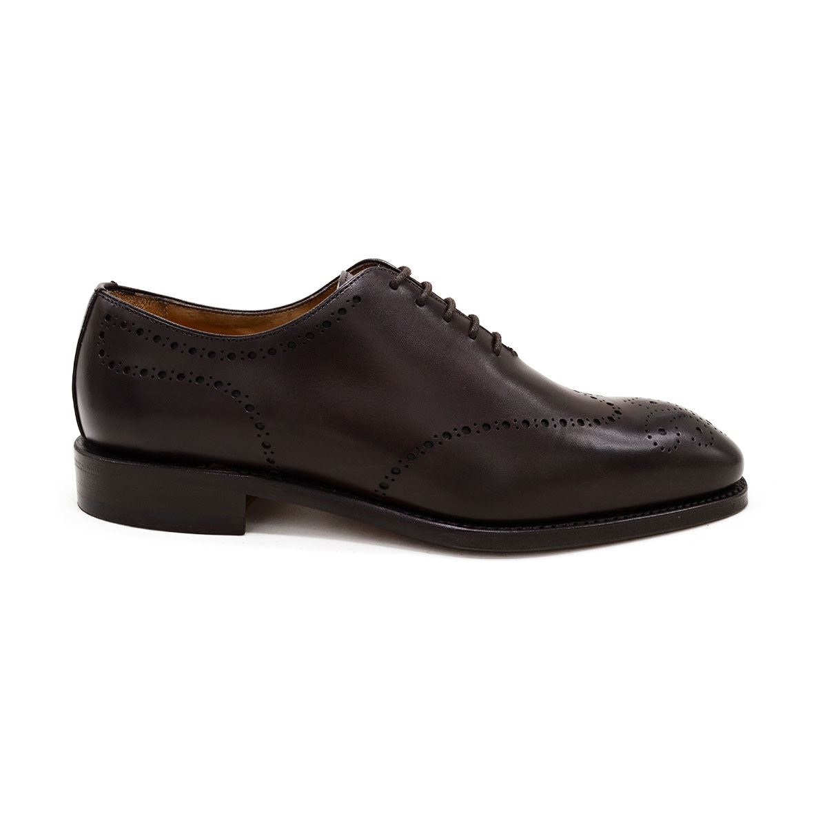 A Berwick 1707 moka brown wholecut Oxford brogue shoe with a goodyear welted leather sole, last week, and a smooth finish.