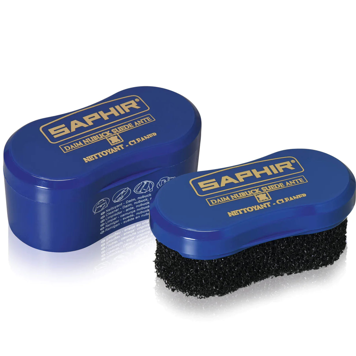 A blue sponge with a black brush designed for cleaning suede and nubuck, branded with the name 'SAPHIR'.