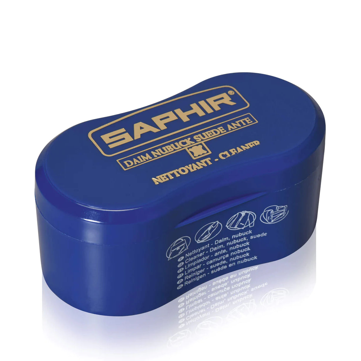 A blue sponge with a black brush designed for cleaning suede and nubuck, branded with the name 'SAPHIR'.