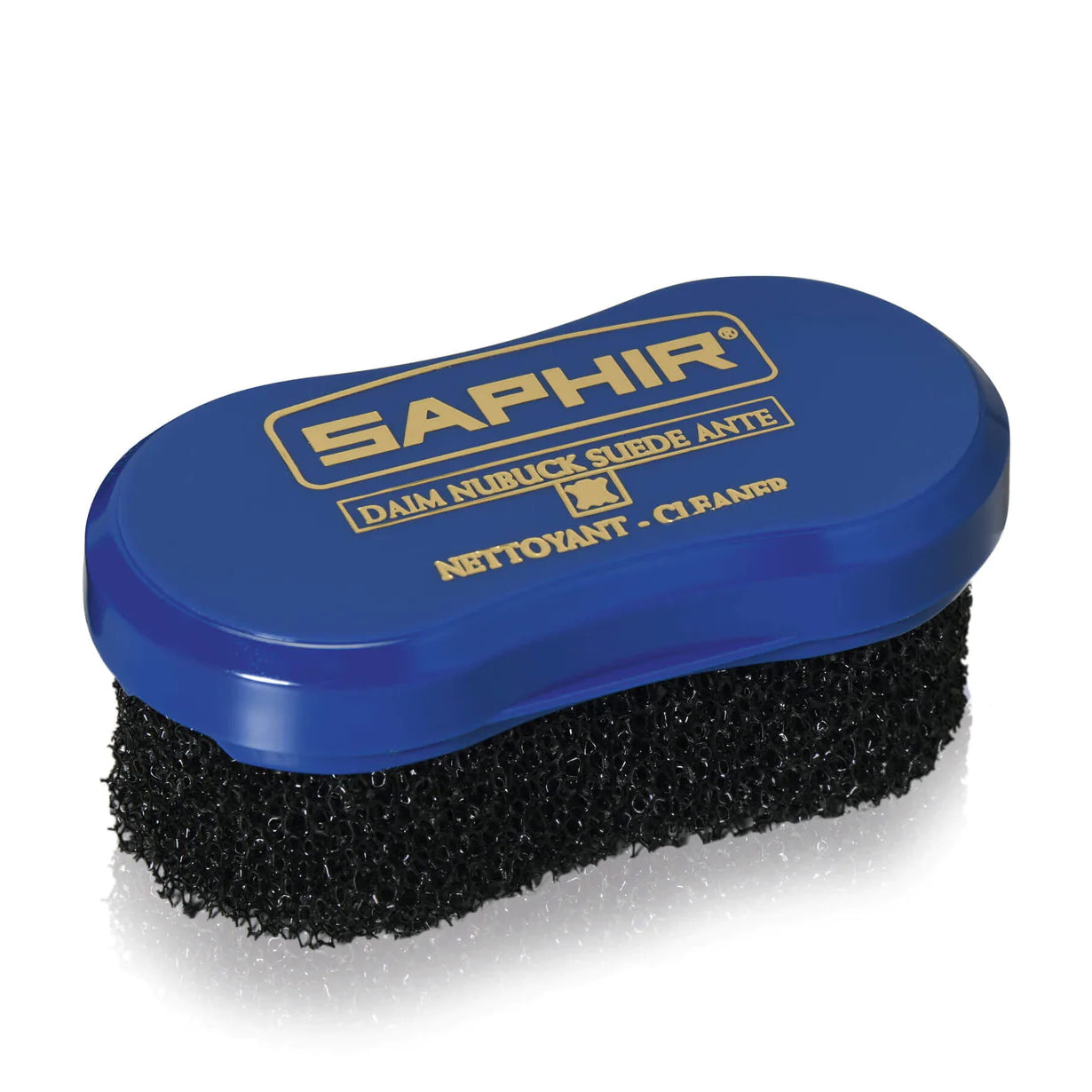 A blue sponge with a black brush designed for cleaning suede and nubuck, branded with the name 'SAPHIR'.