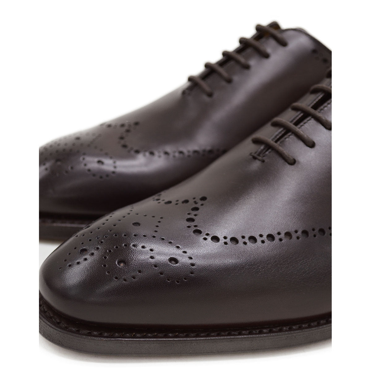 A Berwick 1707 moka brown wholecut Oxford brogue shoe with a goodyear welted leather sole, last week, and a smooth finish.