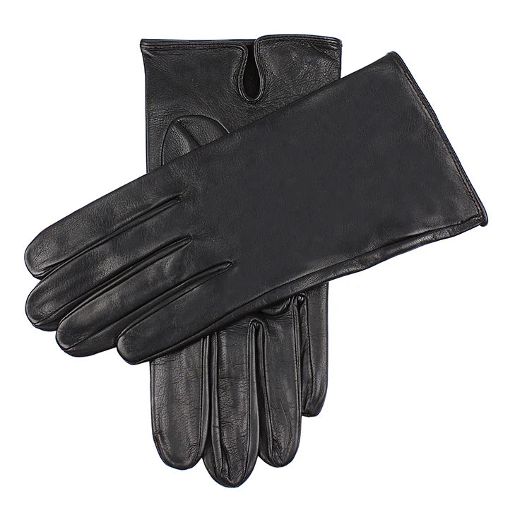 Pair of black leather gloves on a white background