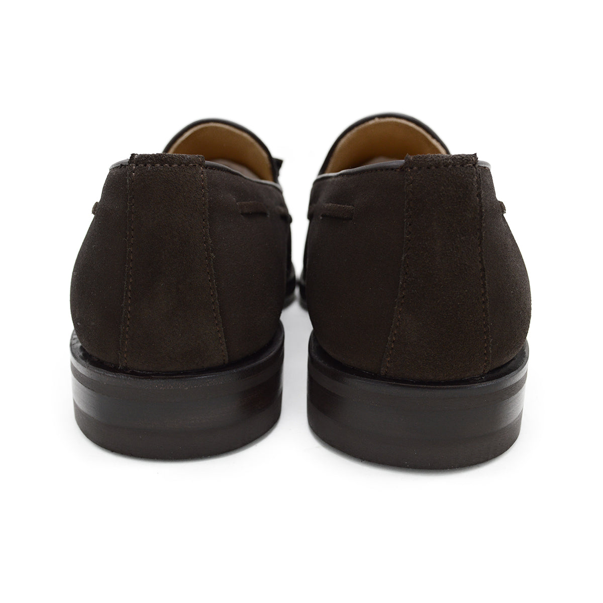 A classic dark brown suede slip-on shoe with tassels, by Berwick 1707, with a goodyear welted dainite sole.