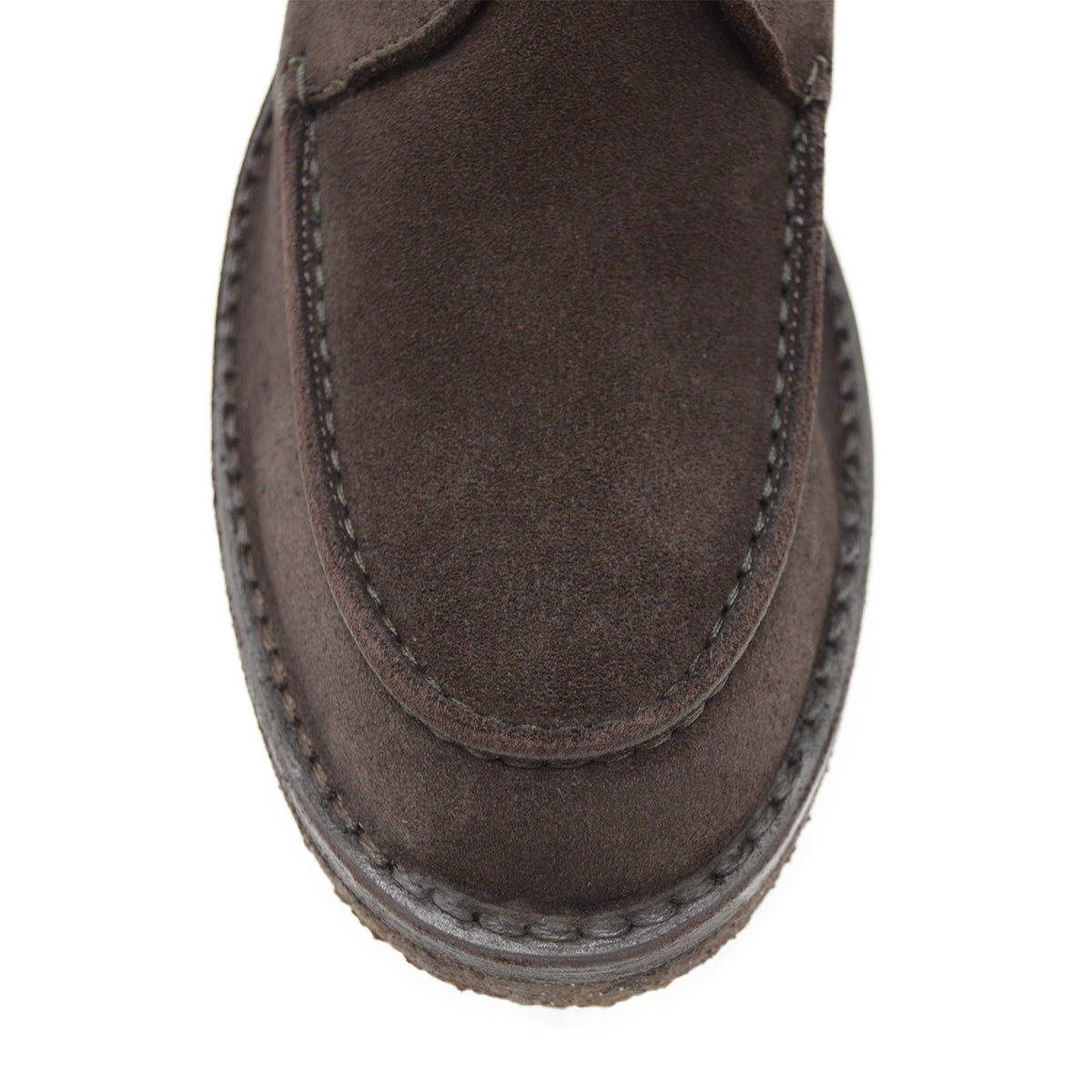 A brown Berwick 1707 apron boot with lace-up closure, handcrafted from reverse kudu suede, featuring moccasin stitching and a crepe rubber sole.