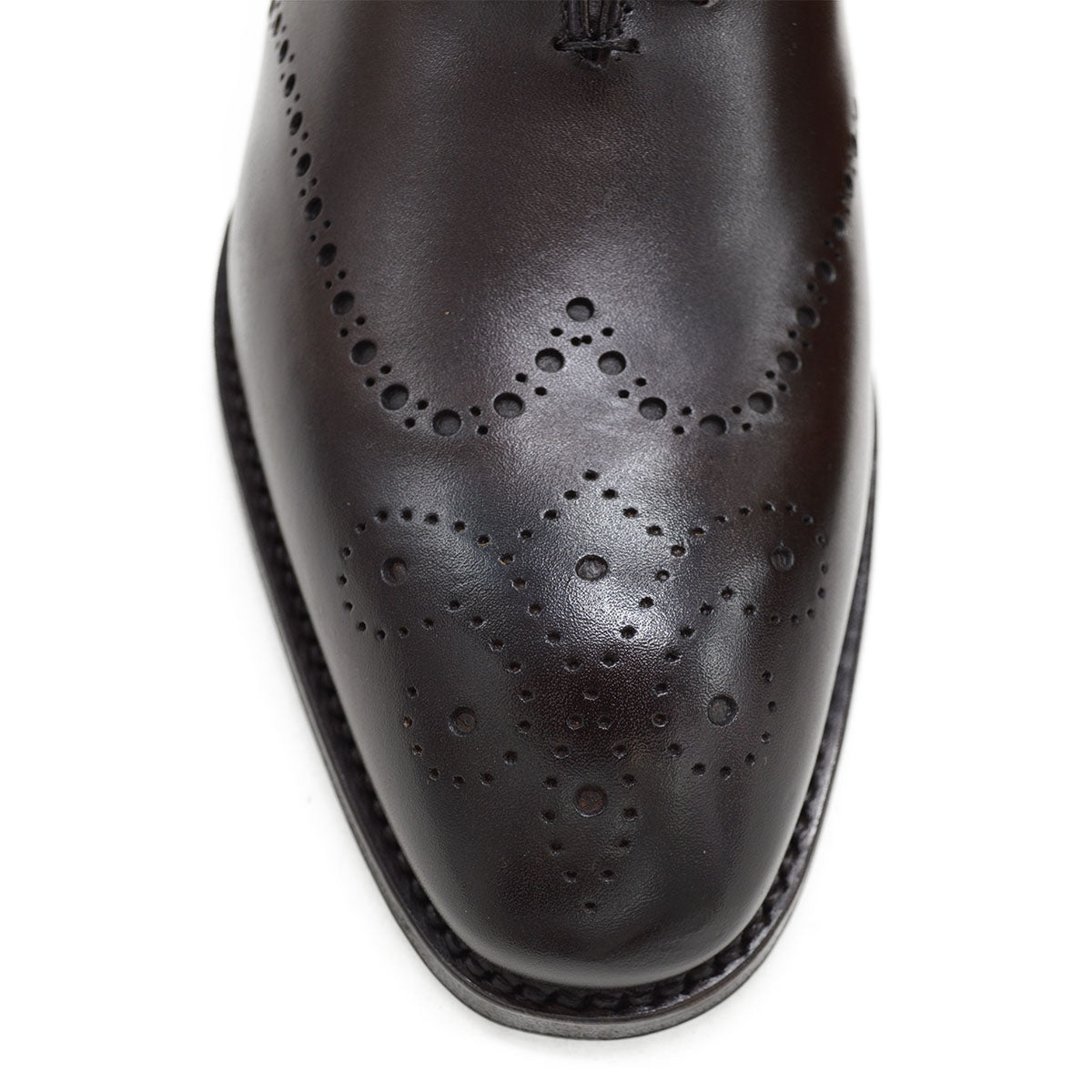 A Berwick 1707 moka brown wholecut Oxford brogue shoe with a goodyear welted leather sole, last week, and a smooth finish.