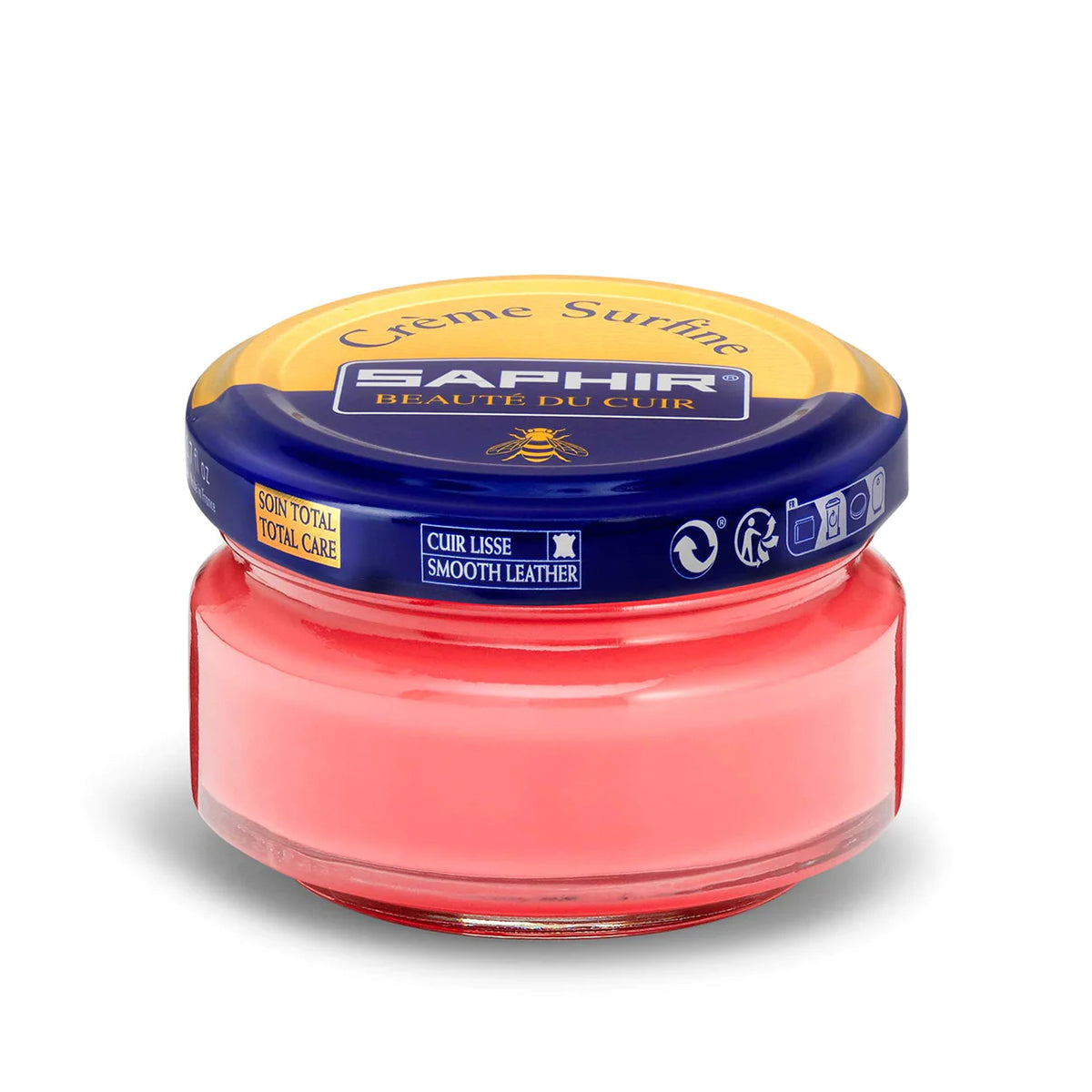 A jar of Saphir Creme Surfine shoe polish with a label on the lid.