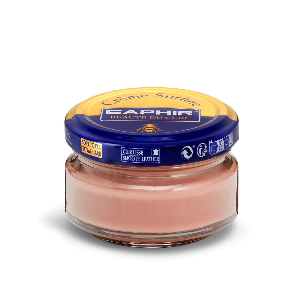 A jar of Saphir Creme Surfine shoe polish with a label on the lid.