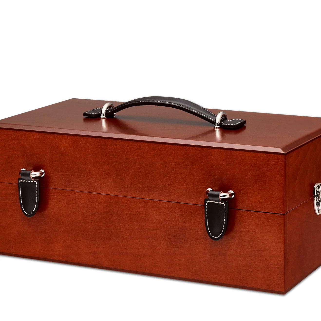 Saphir Medaille D'Or Brown Rosewood Valet box with leather handle on a white background