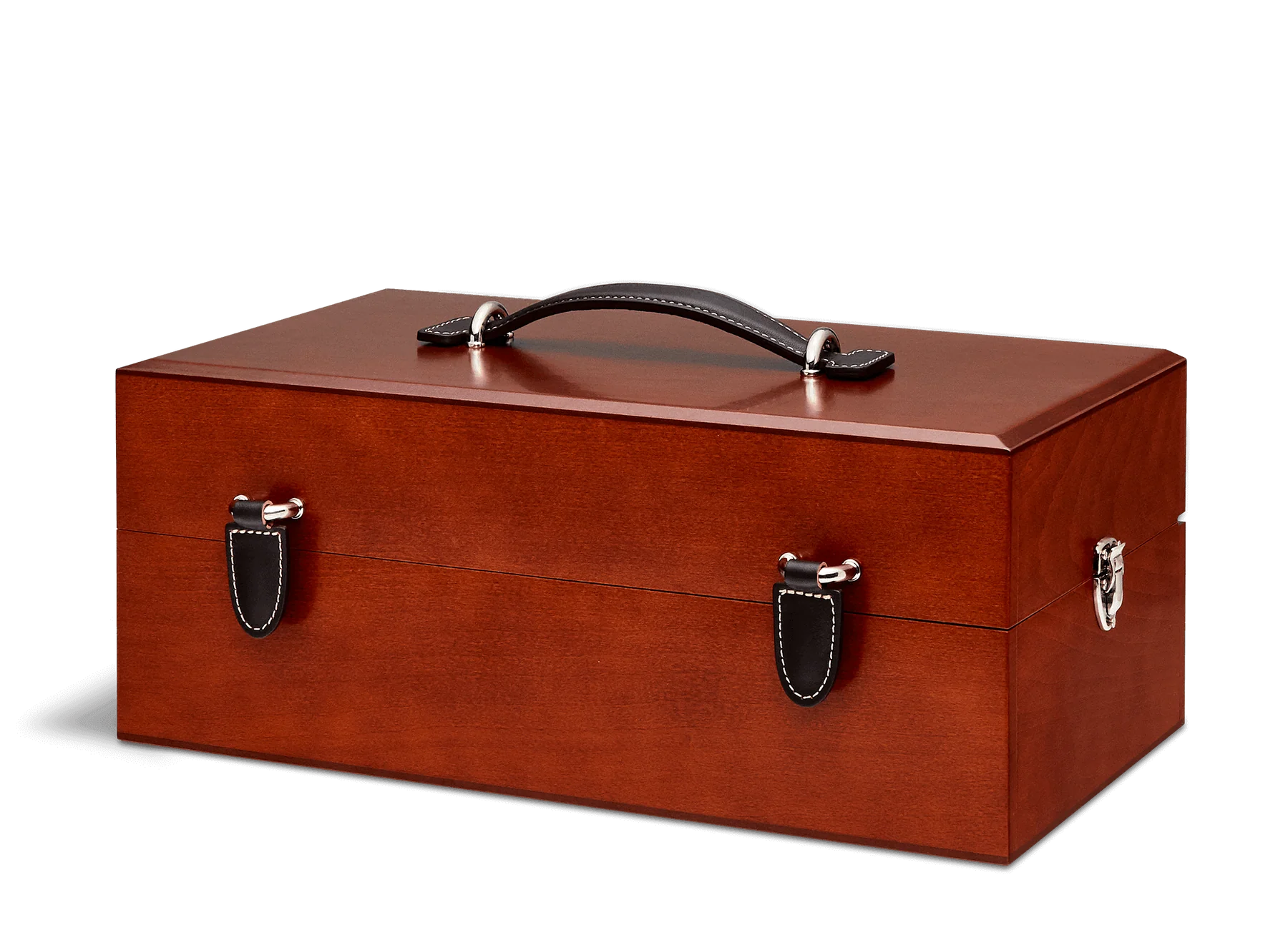 Saphir Medaille D'Or Brown Rosewood Valet box with leather handle on a white background