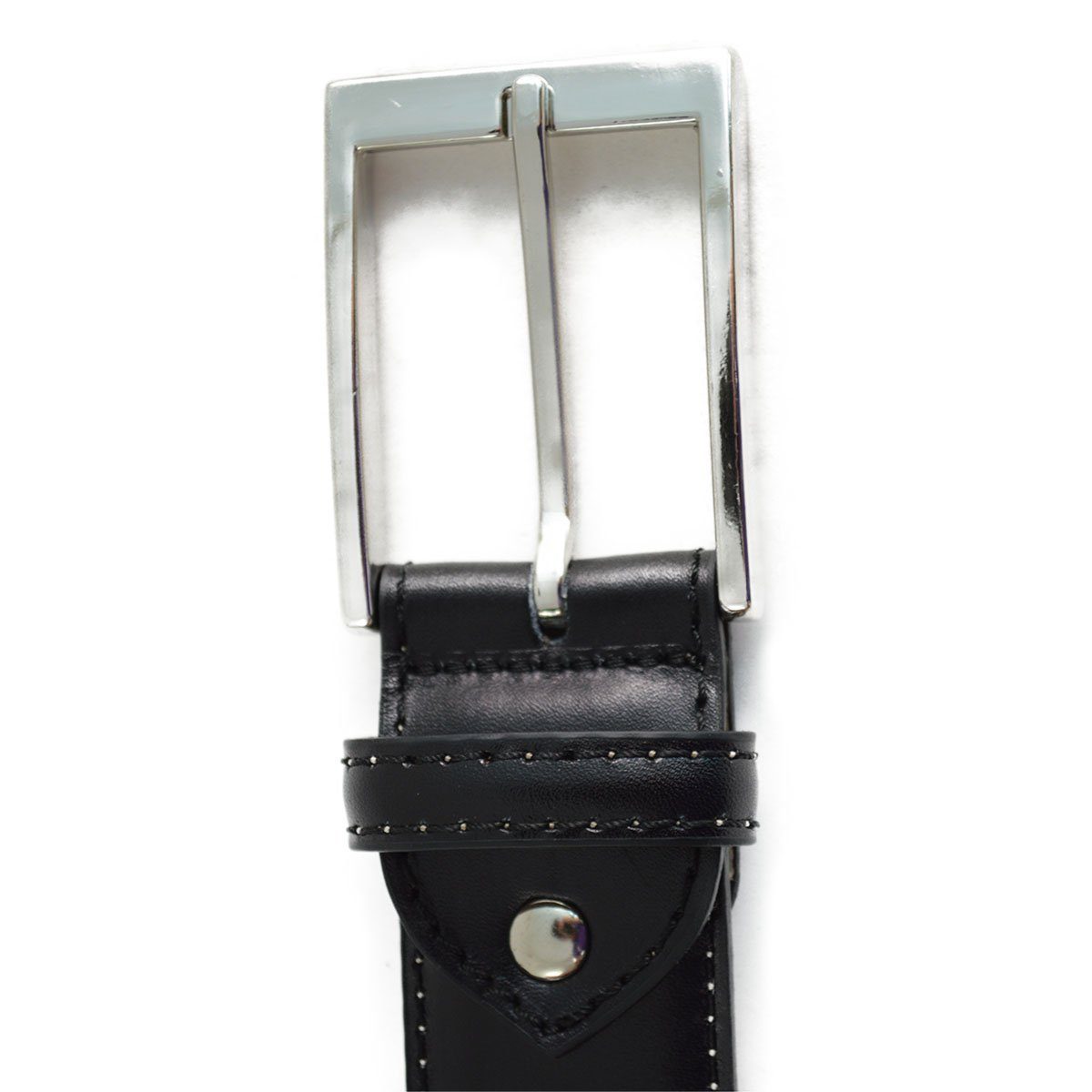A Berwick 1707 black calf leather belt with a silver chrome buckle, displayed on a white background.