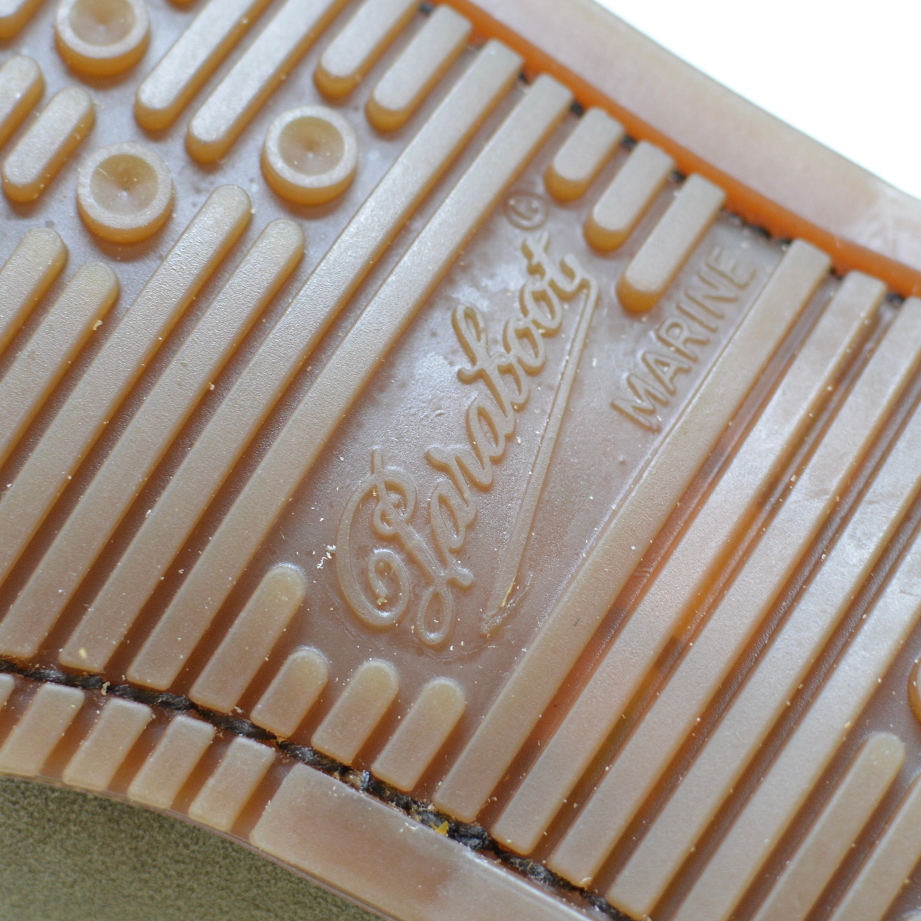 Close-up of a Paraboot deck shoe sole unit with a brand logo on a white background