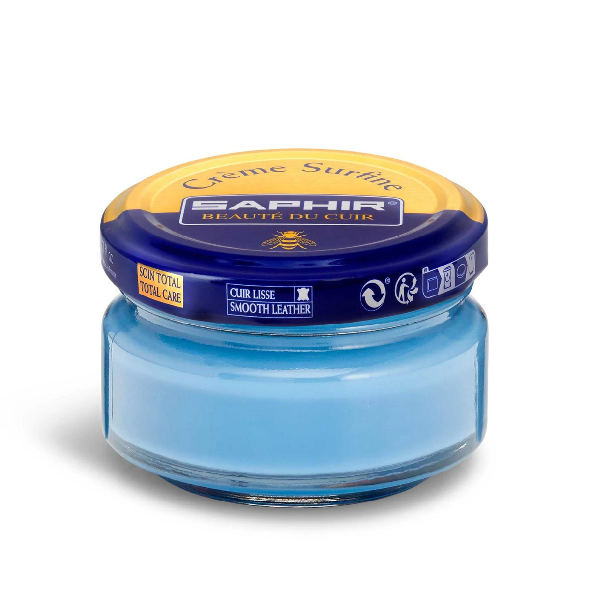 A jar of Saphir Creme Surfine shoe polish with a label on the lid.