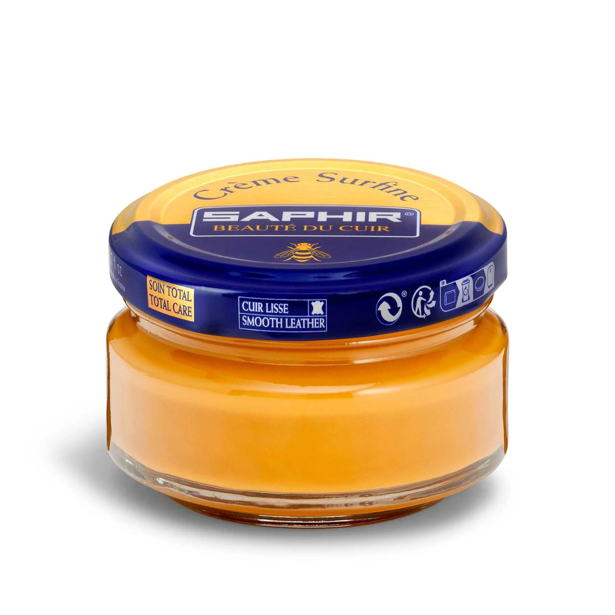 A jar of Saphir Creme Surfine shoe polish with a label on the lid.
