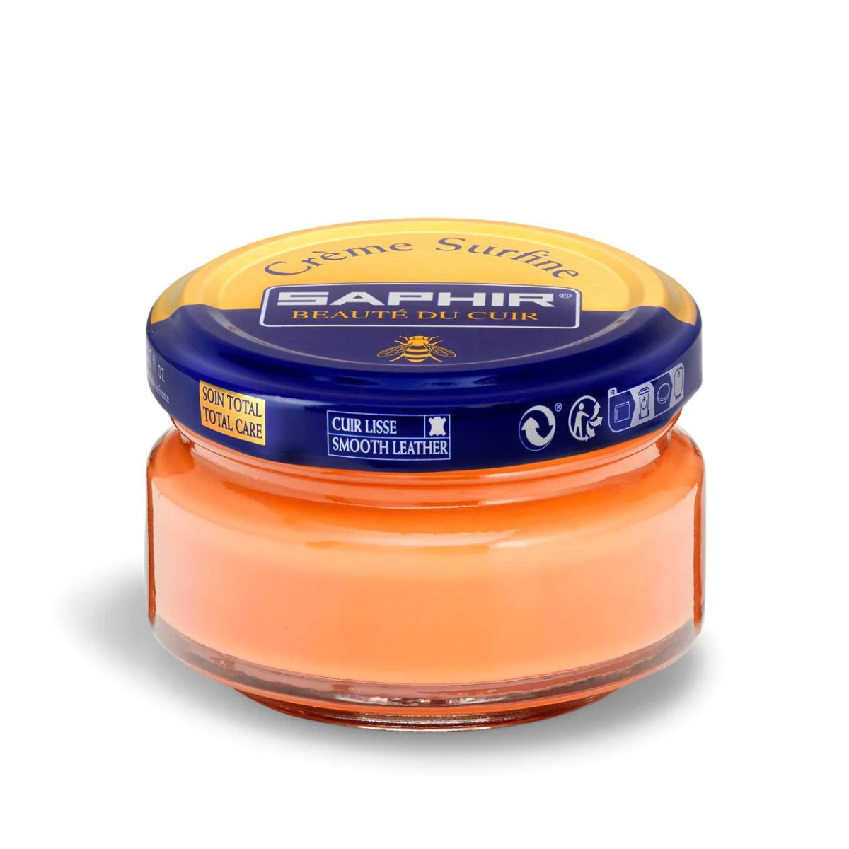 A jar of Saphir Creme Surfine shoe polish with a label on the lid.