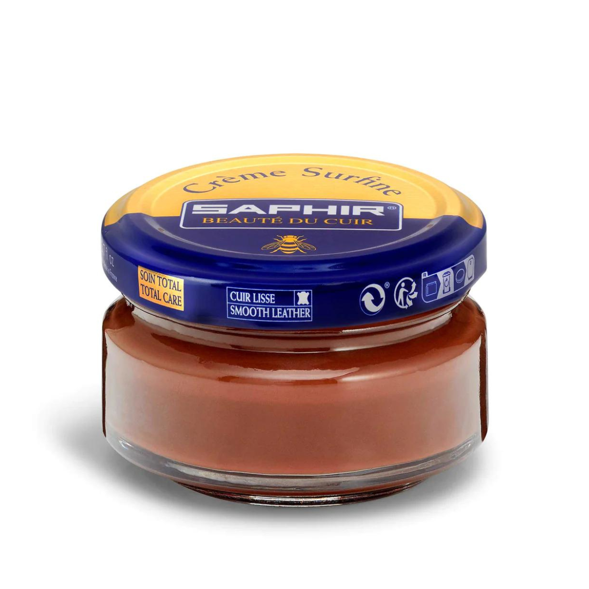 A jar of Saphir Creme Surfine shoe polish with a label on the lid.