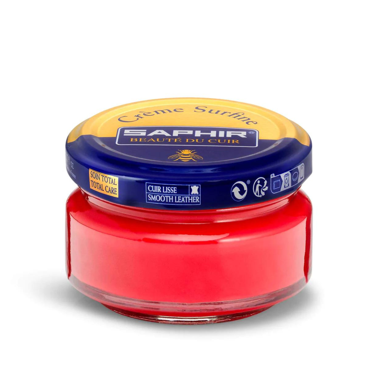 A jar of Saphir Creme Surfine shoe polish with a label on the lid.