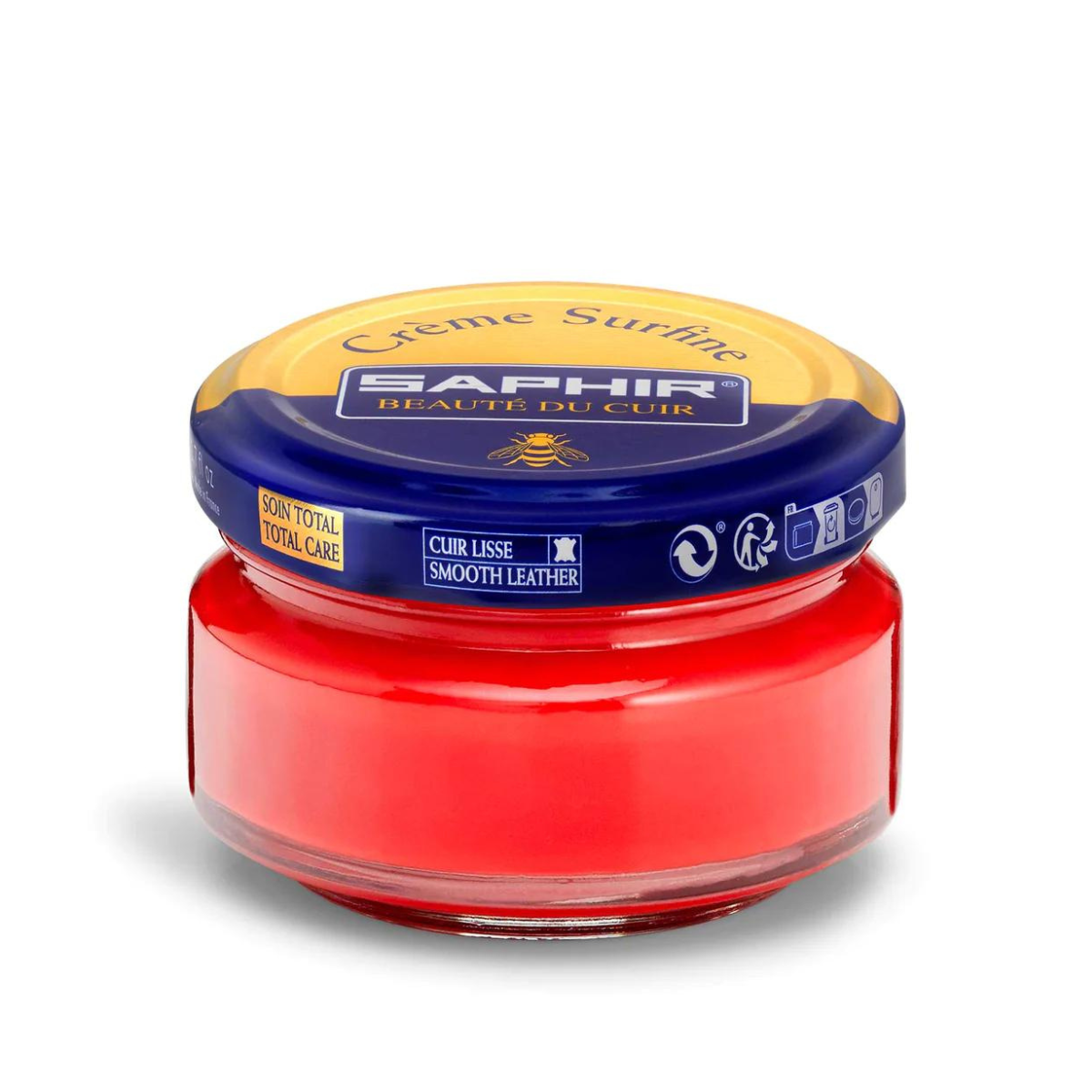 A jar of Saphir Creme Surfine shoe polish with a label on the lid.