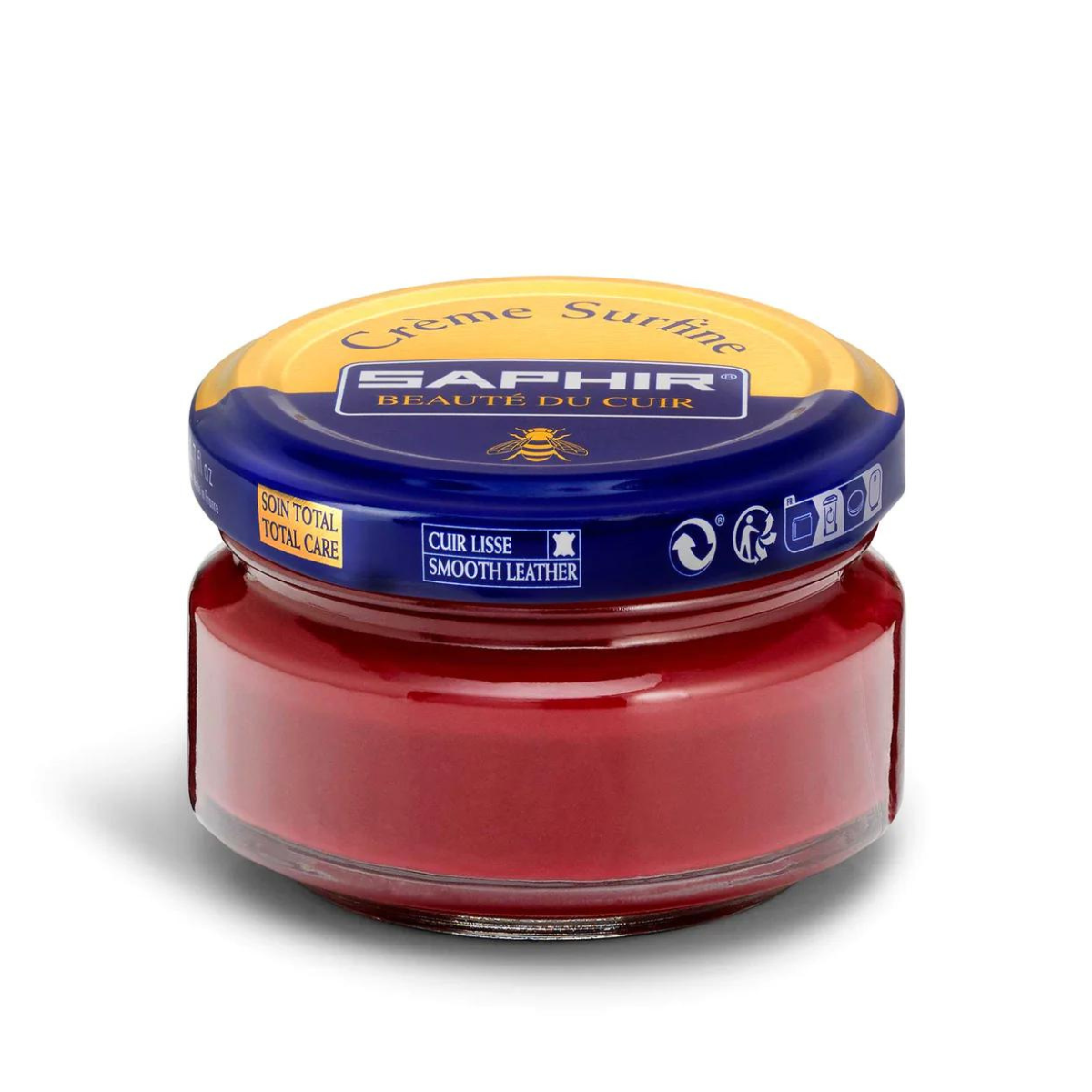 A jar of Saphir Creme Surfine shoe polish with a label on the lid.