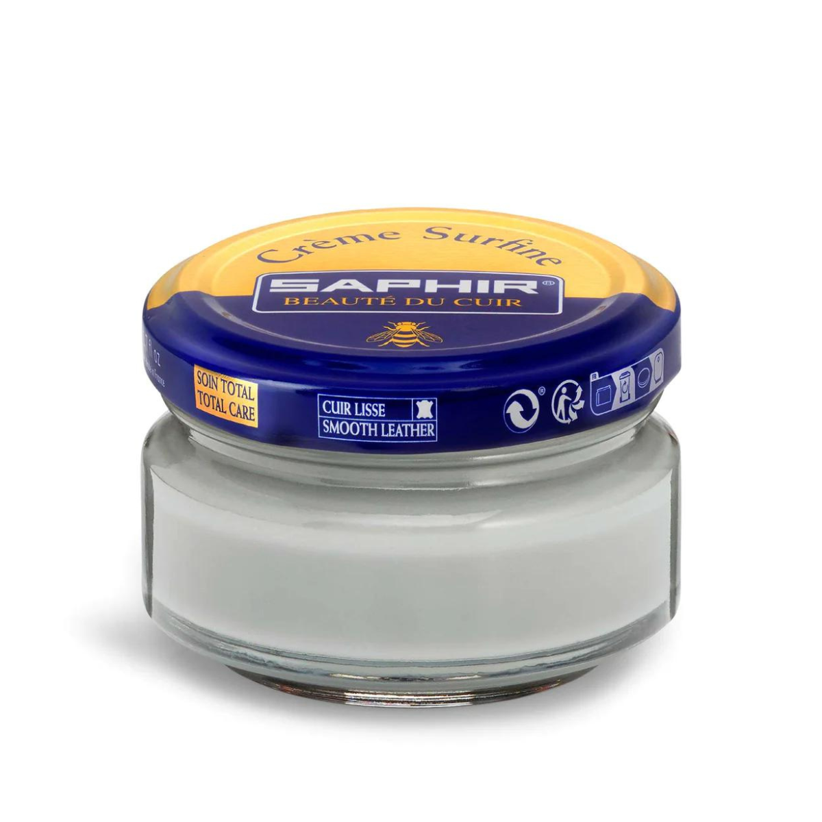A jar of Saphir Creme Surfine shoe polish with a label on the lid.