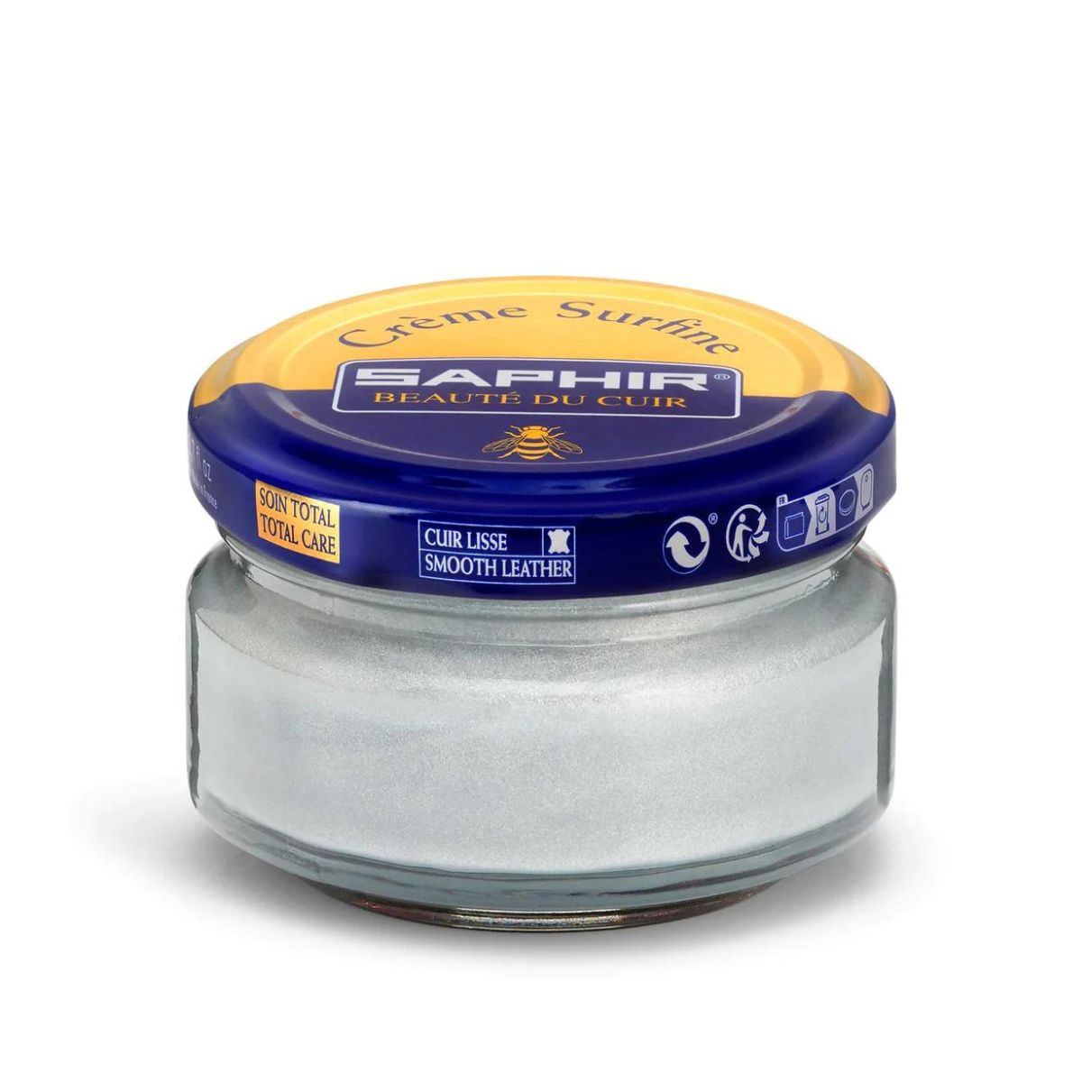A jar of Saphir Creme Surfine shoe polish with a label on the lid.