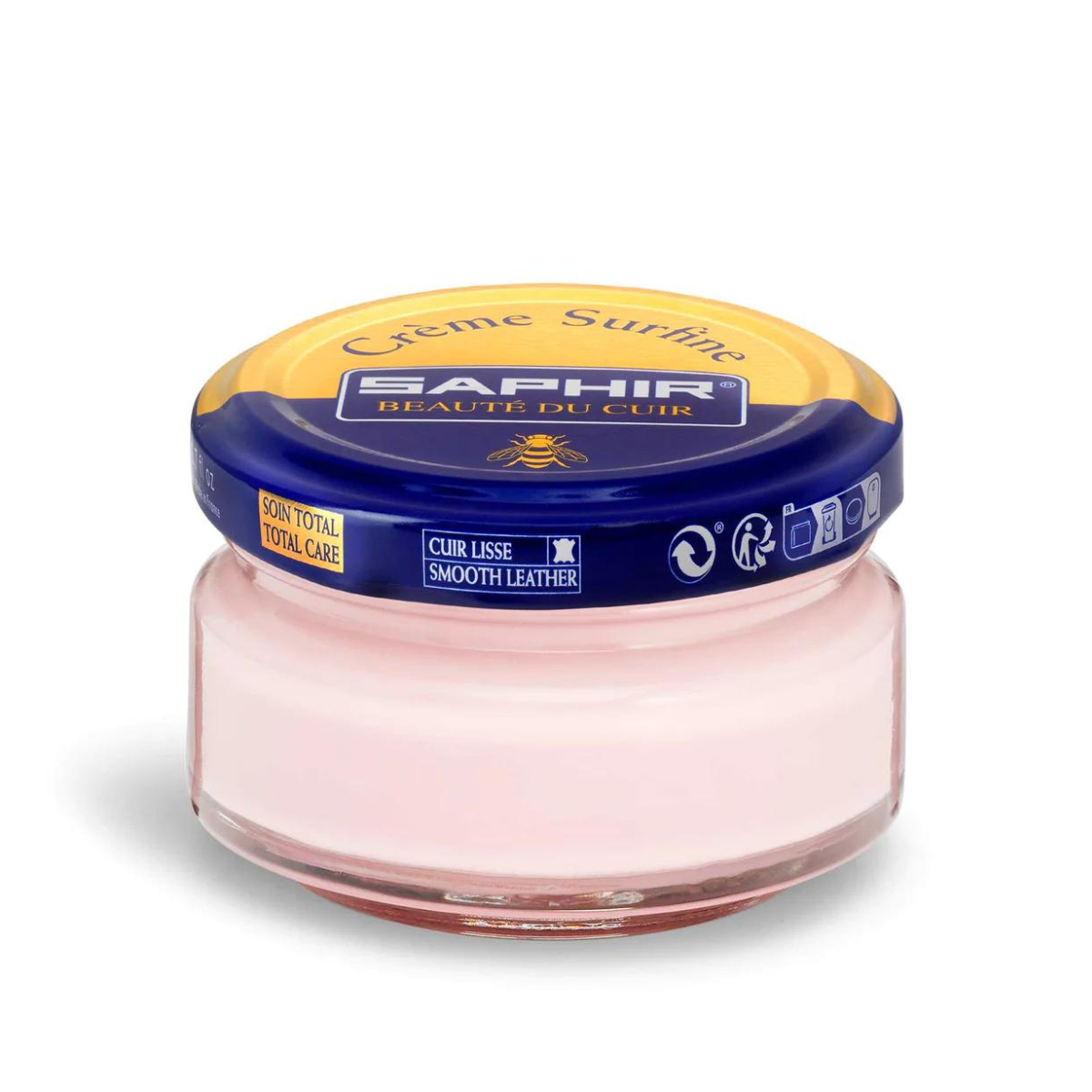 A jar of Saphir Creme Surfine shoe polish with a label on the lid.