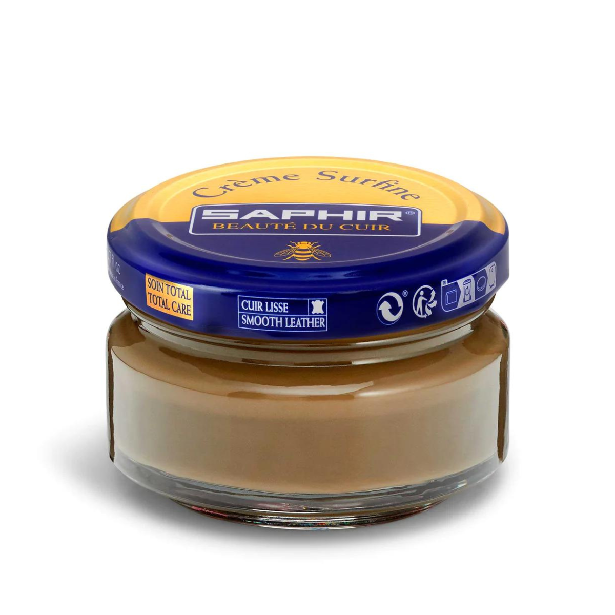A jar of Saphir Creme Surfine shoe polish with a label on the lid.