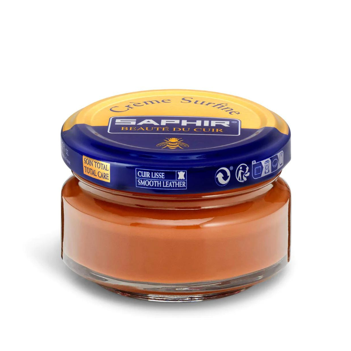 A jar of Saphir Creme Surfine shoe polish with a label on the lid.