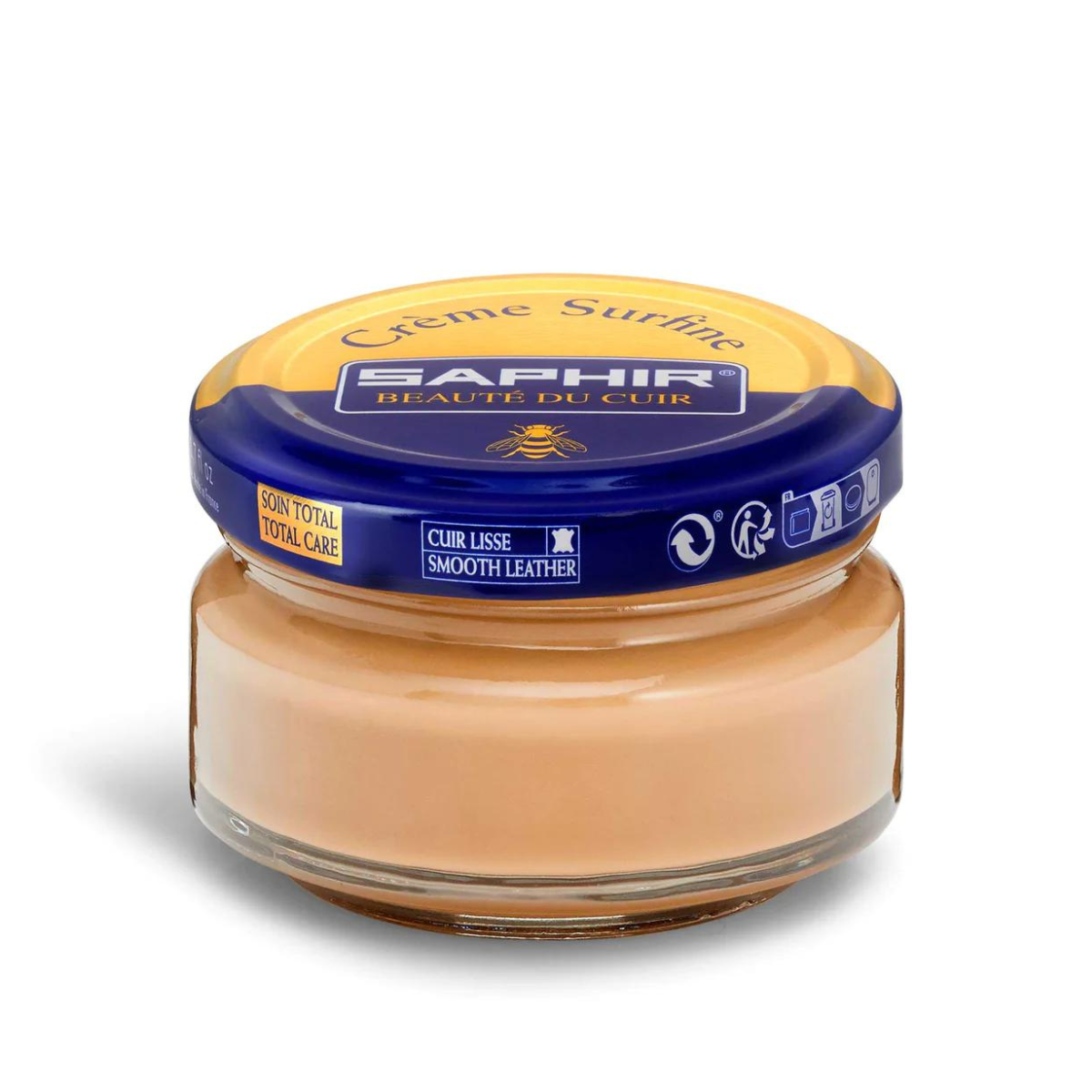 A jar of Saphir Creme Surfine shoe polish with a label on the lid.