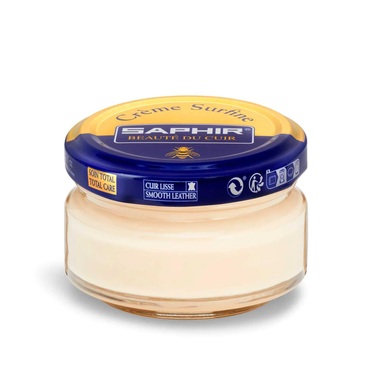 A jar of Saphir Creme Surfine shoe polish with a label on the lid.
