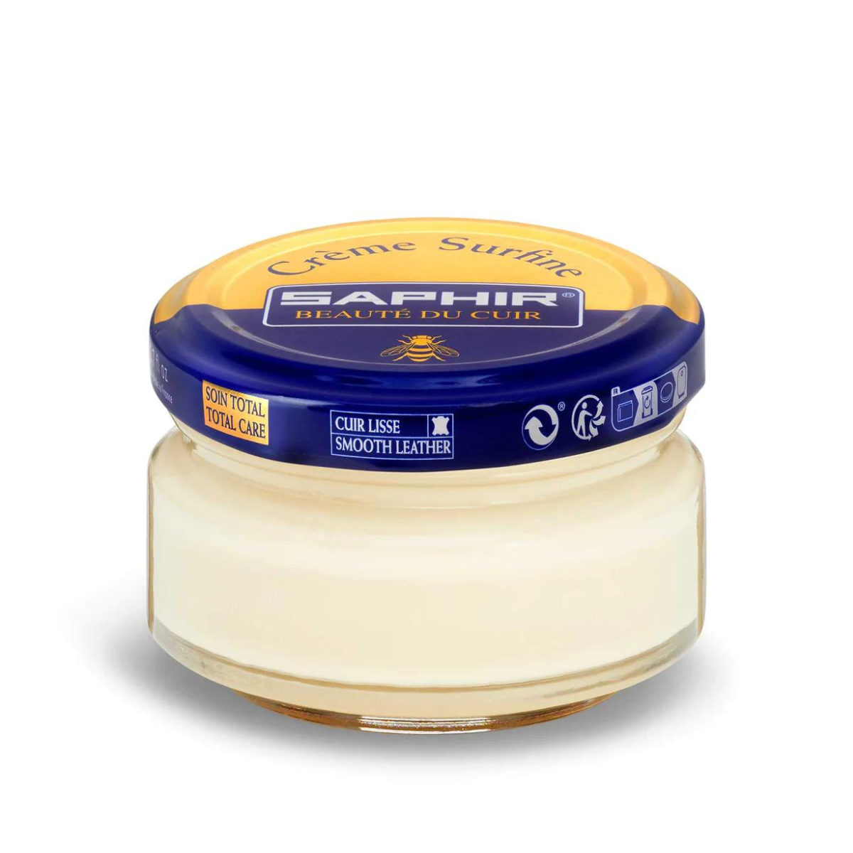 A jar of Saphir Creme Surfine shoe polish with a label on the lid.