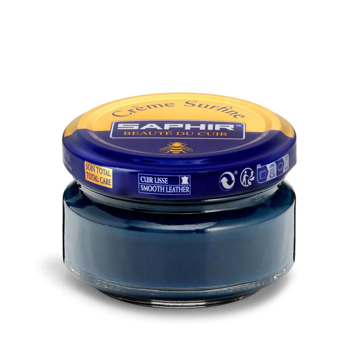 A jar of Saphir Creme Surfine shoe polish with a label on the lid.