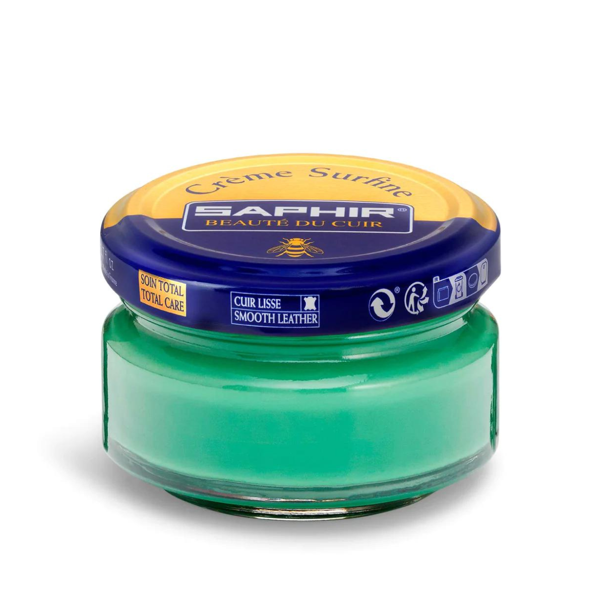 A jar of Saphir Creme Surfine shoe polish with a label on the lid.