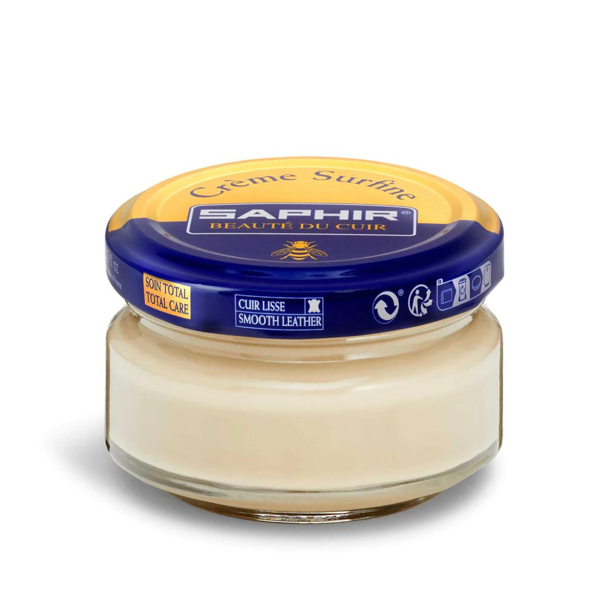 A jar of Saphir Creme Surfine shoe polish with a label on the lid.
