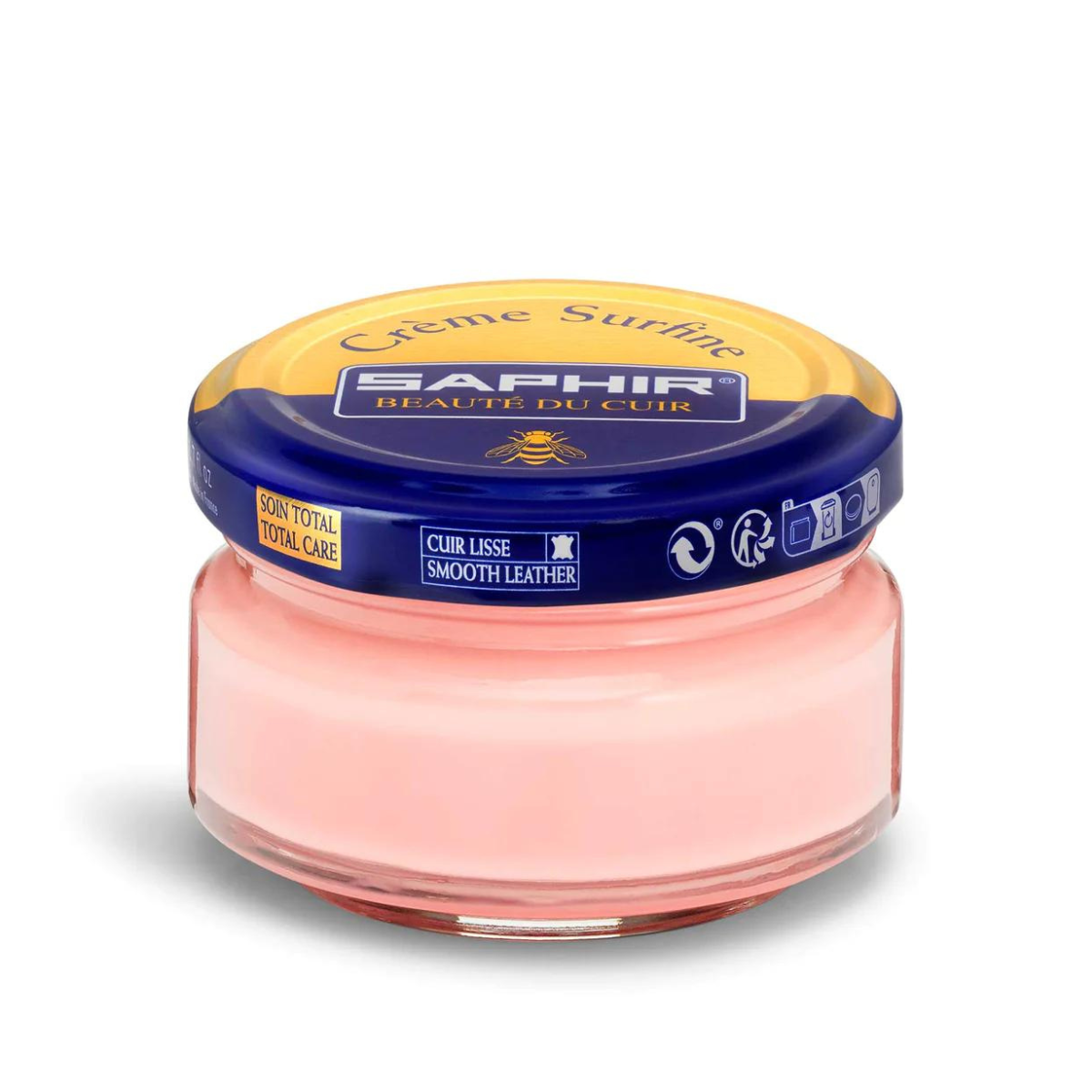 A jar of Saphir Creme Surfine shoe polish with a label on the lid.