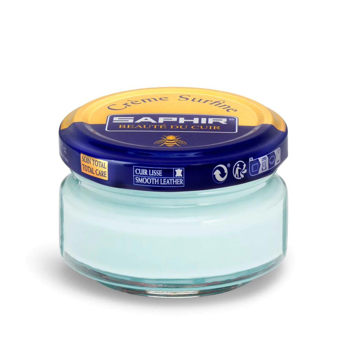 A jar of Saphir Creme Surfine shoe polish with a label on the lid.