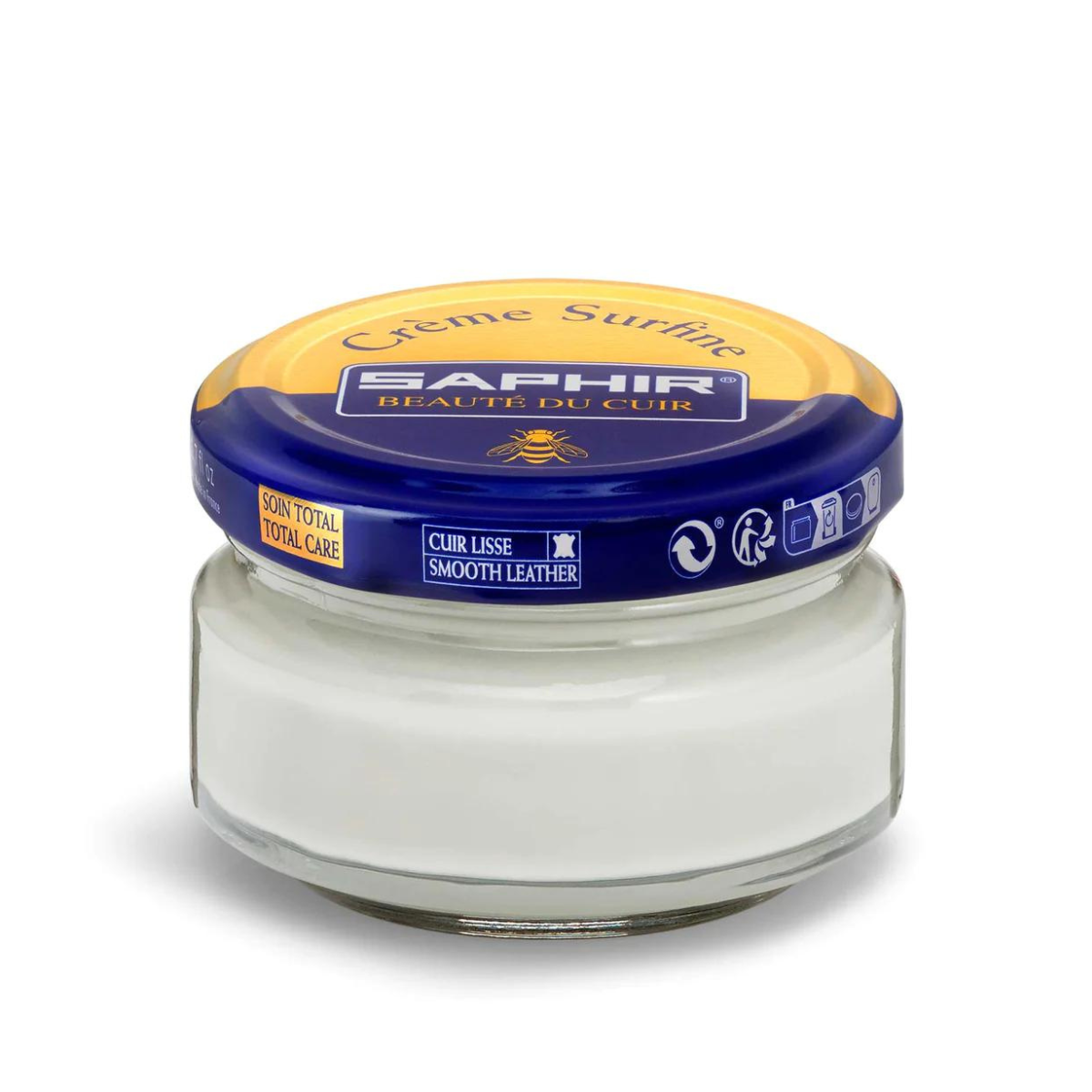 A jar of Saphir Creme Surfine shoe polish with a label on the lid.