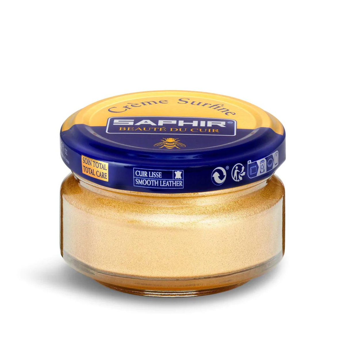 A jar of Saphir Creme Surfine shoe polish with a label on the lid.