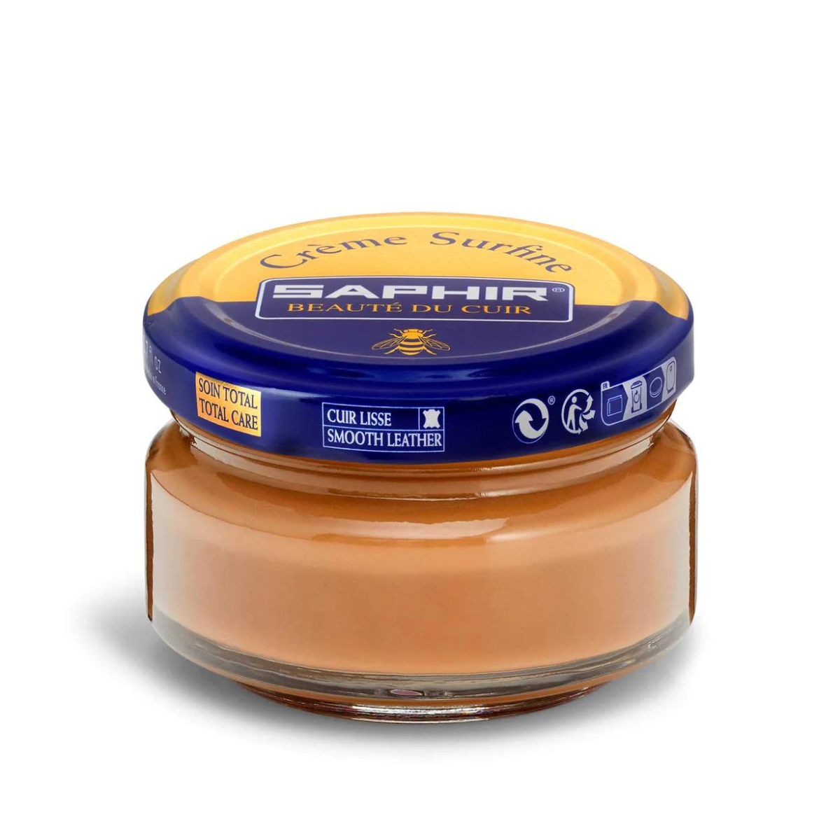 A jar of Saphir Creme Surfine shoe polish with a label on the lid.