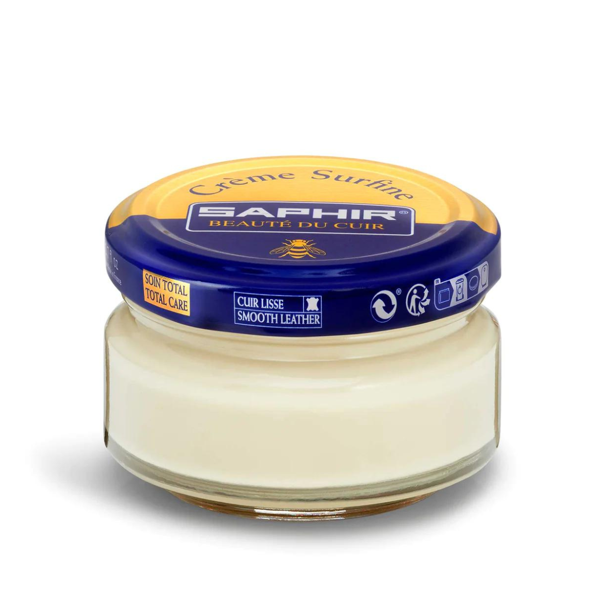 A jar of Saphir Creme Surfine shoe polish with a label on the lid.