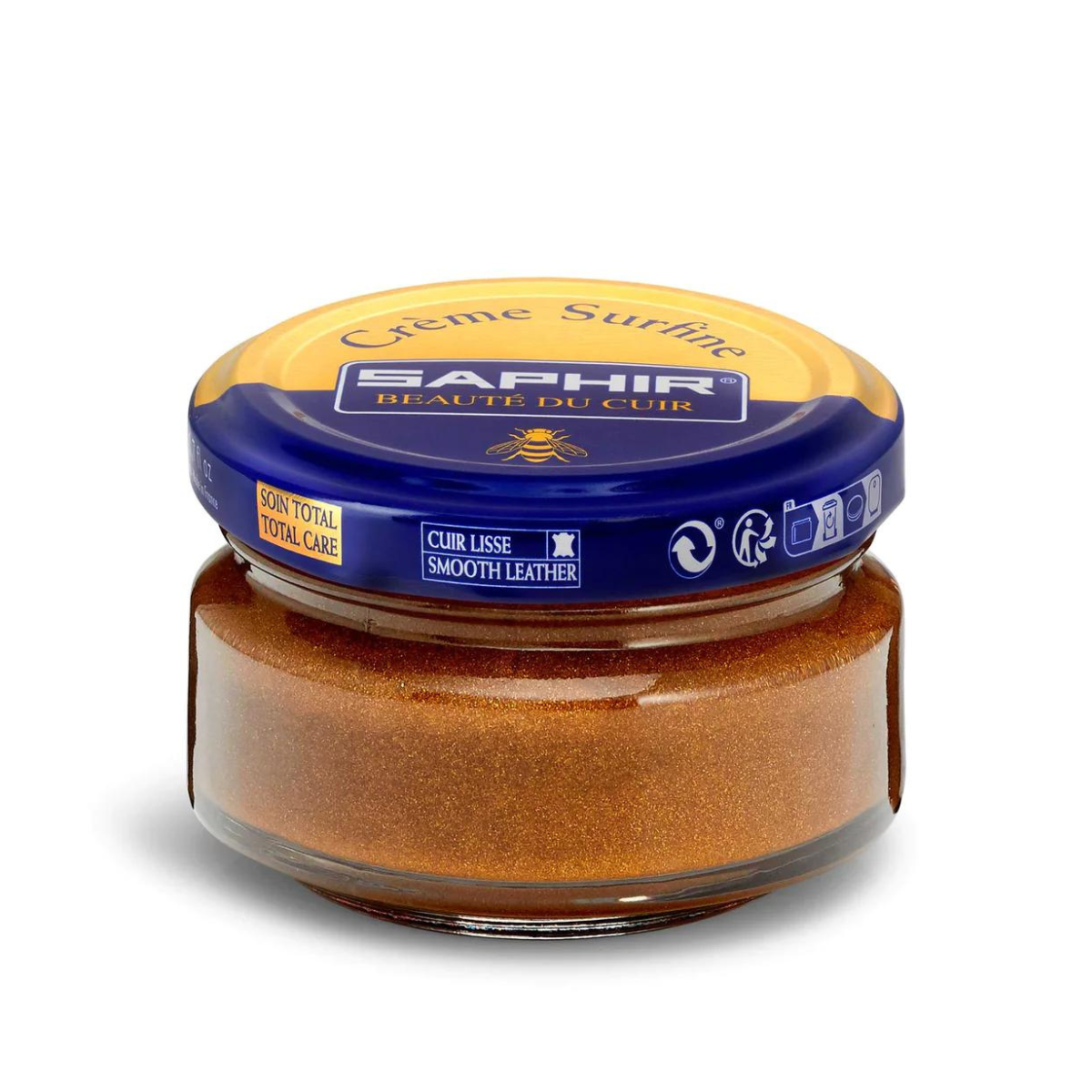 A jar of Saphir Creme Surfine shoe polish with a label on the lid.