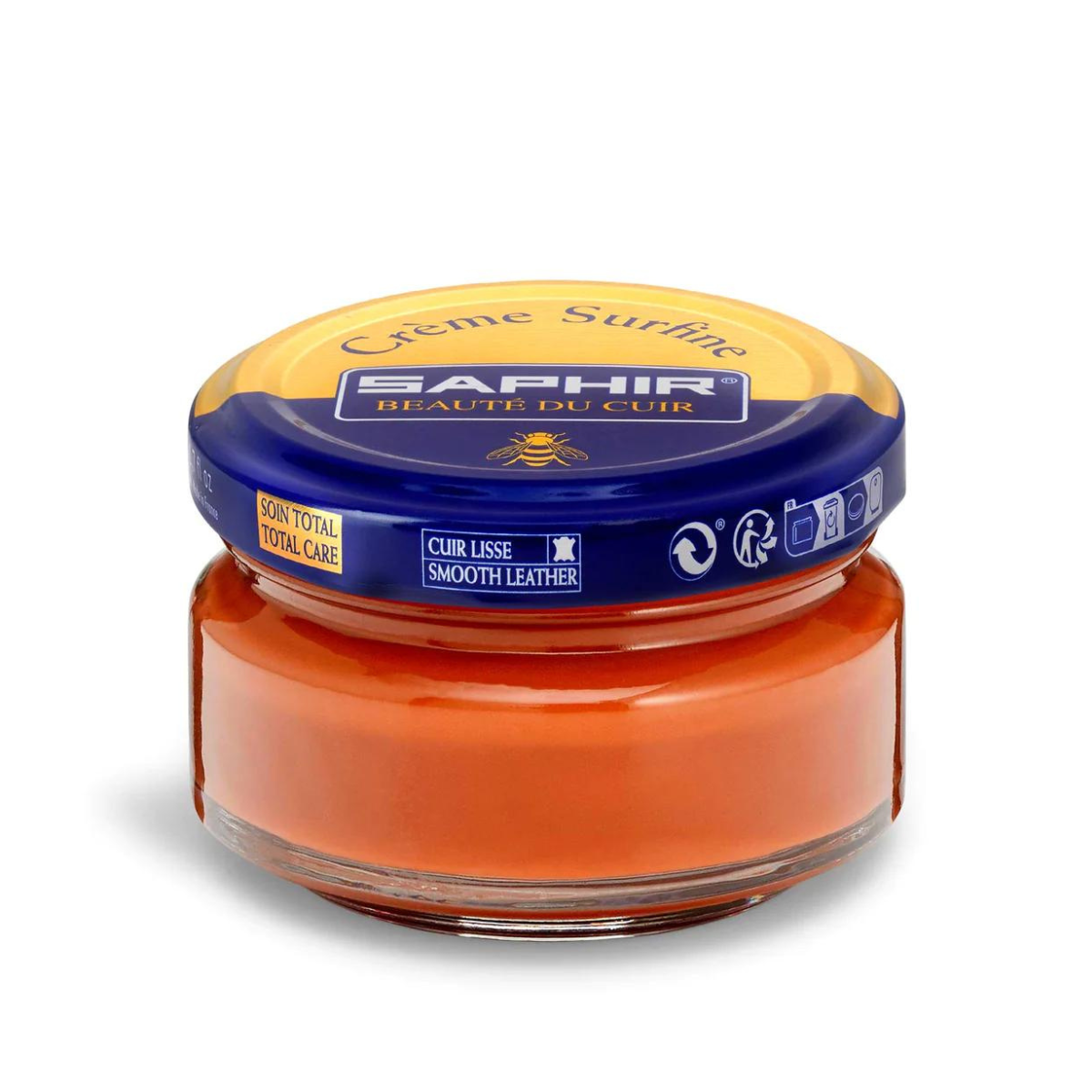 A jar of Saphir Creme Surfine shoe polish with a label on the lid.