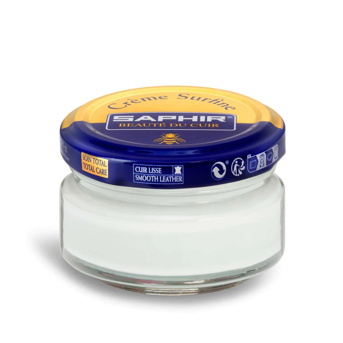 A jar of Saphir Creme Surfine shoe polish with a label on the lid.