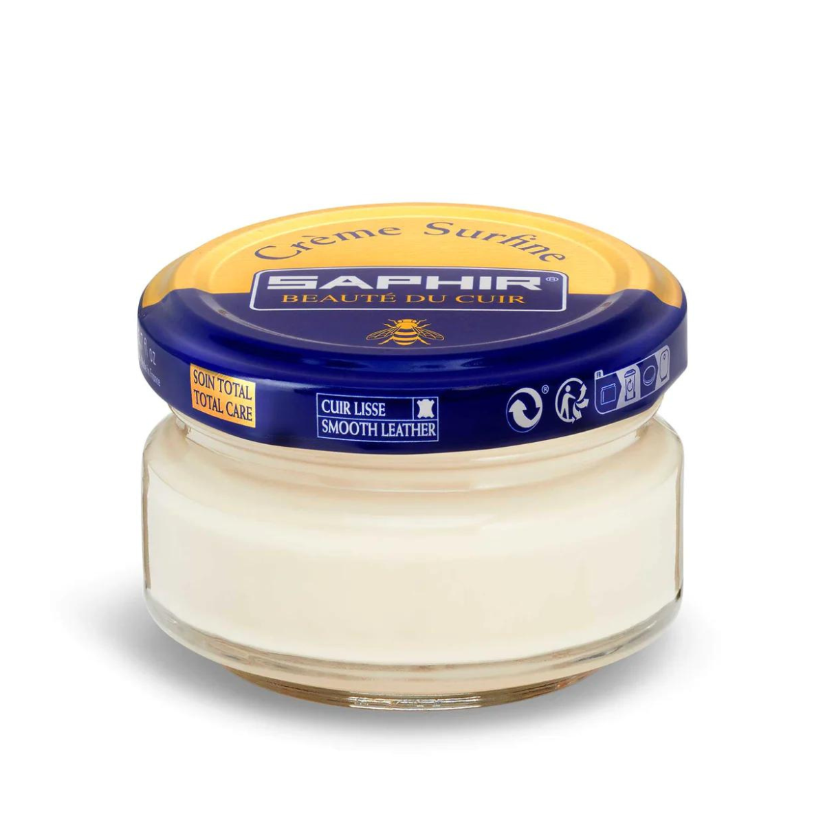 A jar of Saphir Creme Surfine shoe polish with a label on the lid.