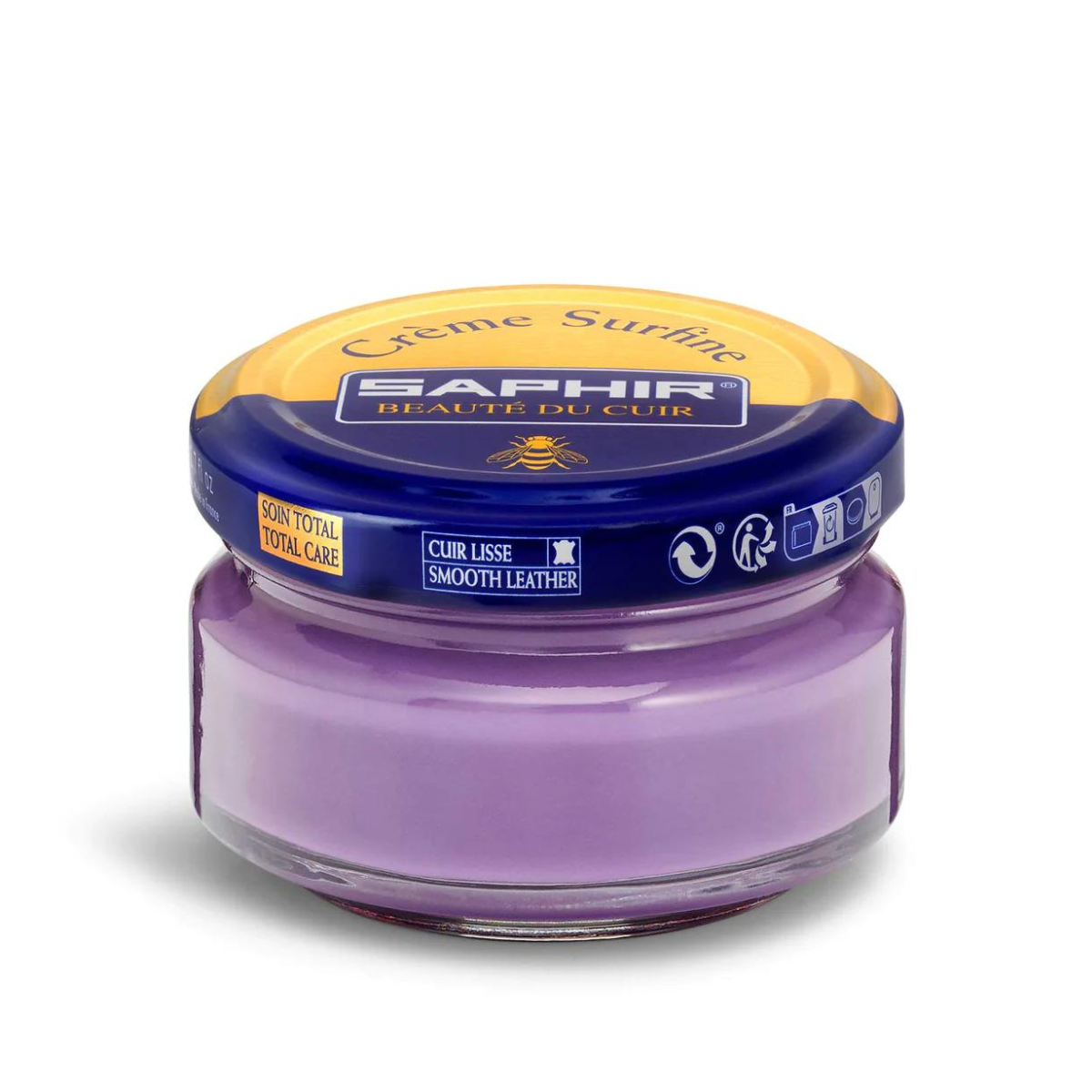 A jar of Saphir Creme Surfine shoe polish with a label on the lid.