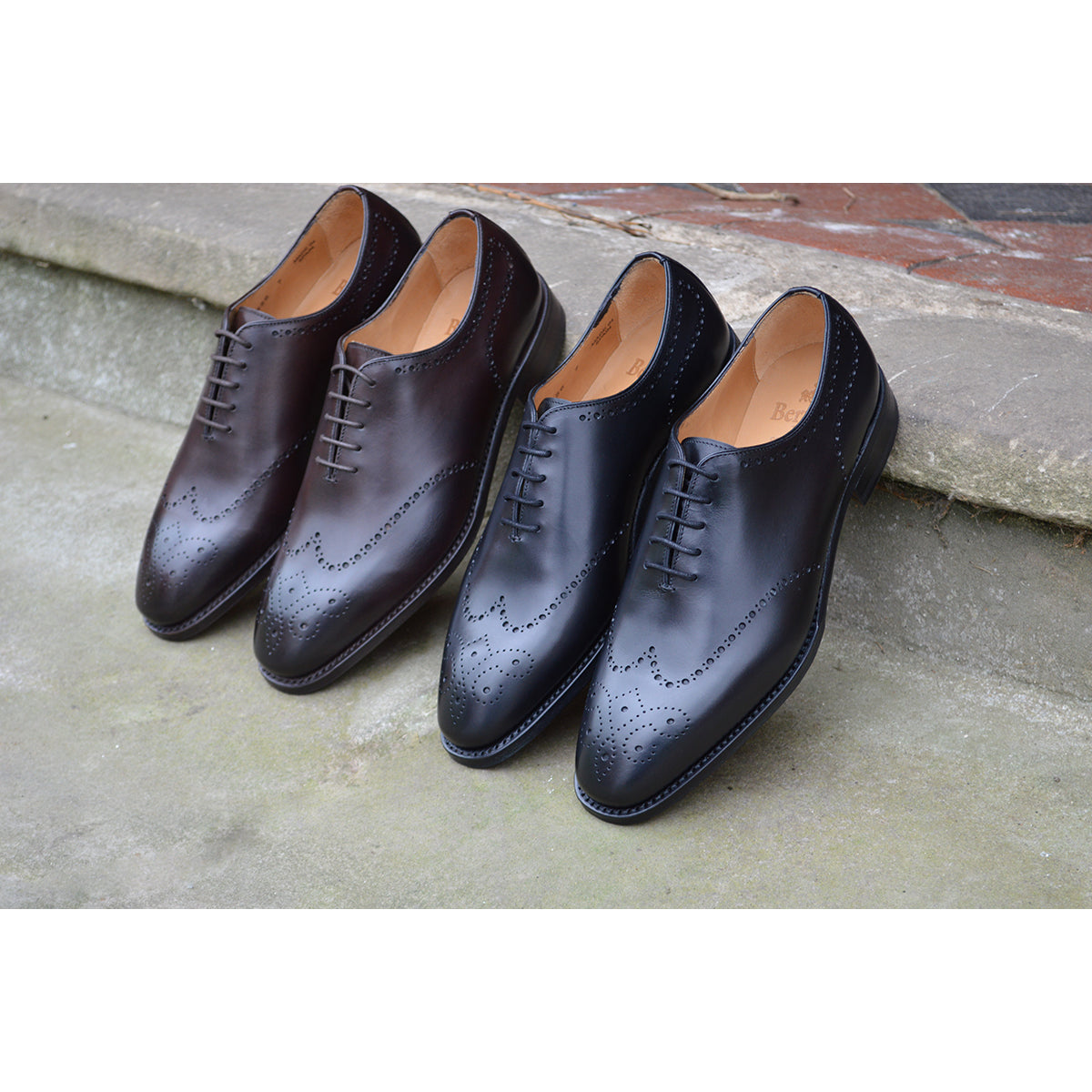 A Berwick 1707 moka brown wholecut Oxford brogue shoes with a goodyear welted leather sole, last week, and a smooth finish.