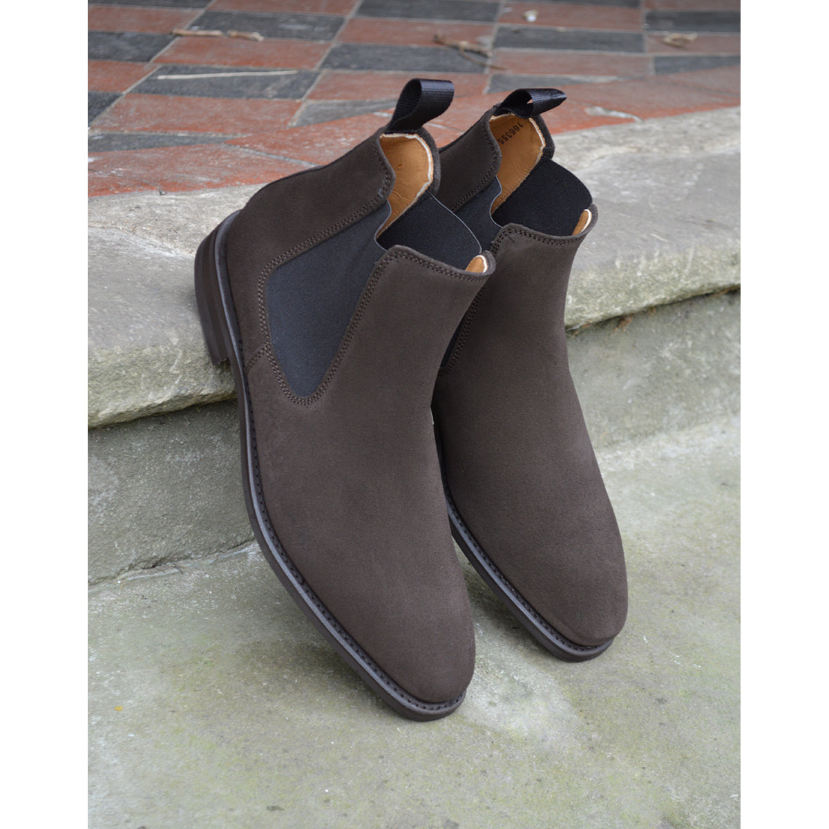 A Berwick 1707 dark brown suede Chelsea boot with a black elastic panel and a low heel & Dainite soles