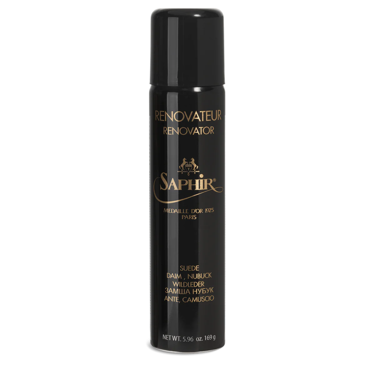 A black aerosol spray can of Saphir Medaille D'Or tinted suede renovator.