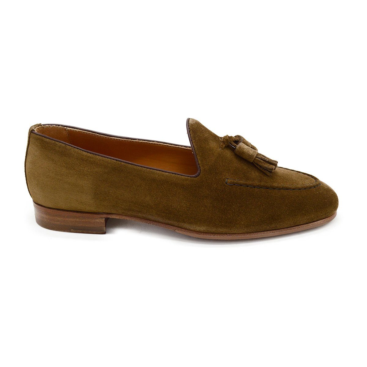A brown suede tassel Berwick 1707 Belgian loafer with a combination leather and fine rubber sole.
